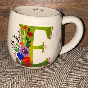 Natural Life E "Cup of Happy" Coffee Mug Monogram Initial 15 Oz Ceramic Floral